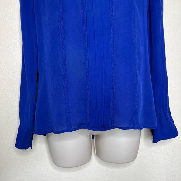 J Crew 100% Silk Cobalt Blue Button Back Long Sleeve Lace Trim Blouse Women 2 - Picture 4 of 11